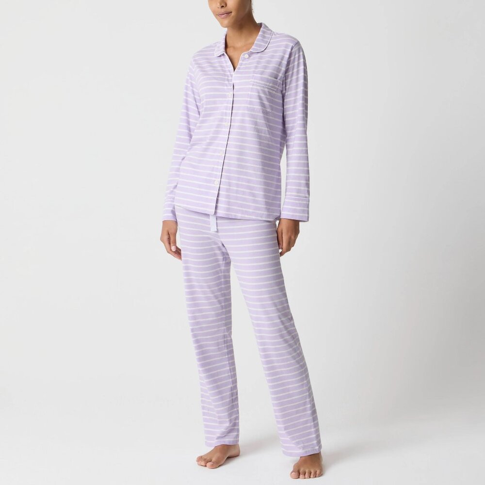 J.CREW Pajama Set Knit Long Sleeve Button Front Small Petite Lilac Ivory NEW!